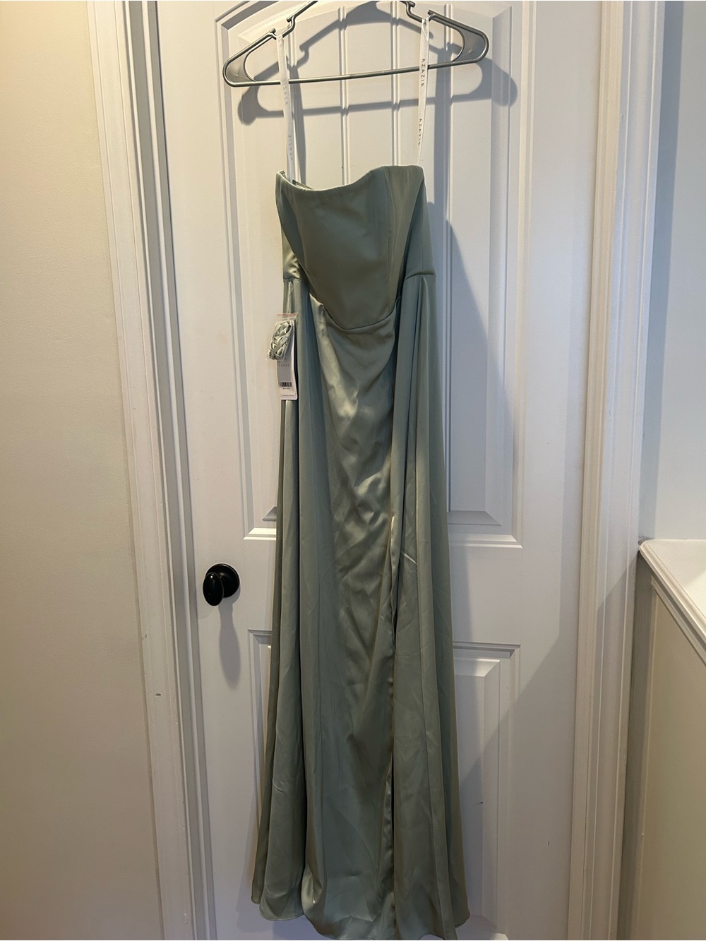 Azazie Sage Green Strapless Satin Prom Gown